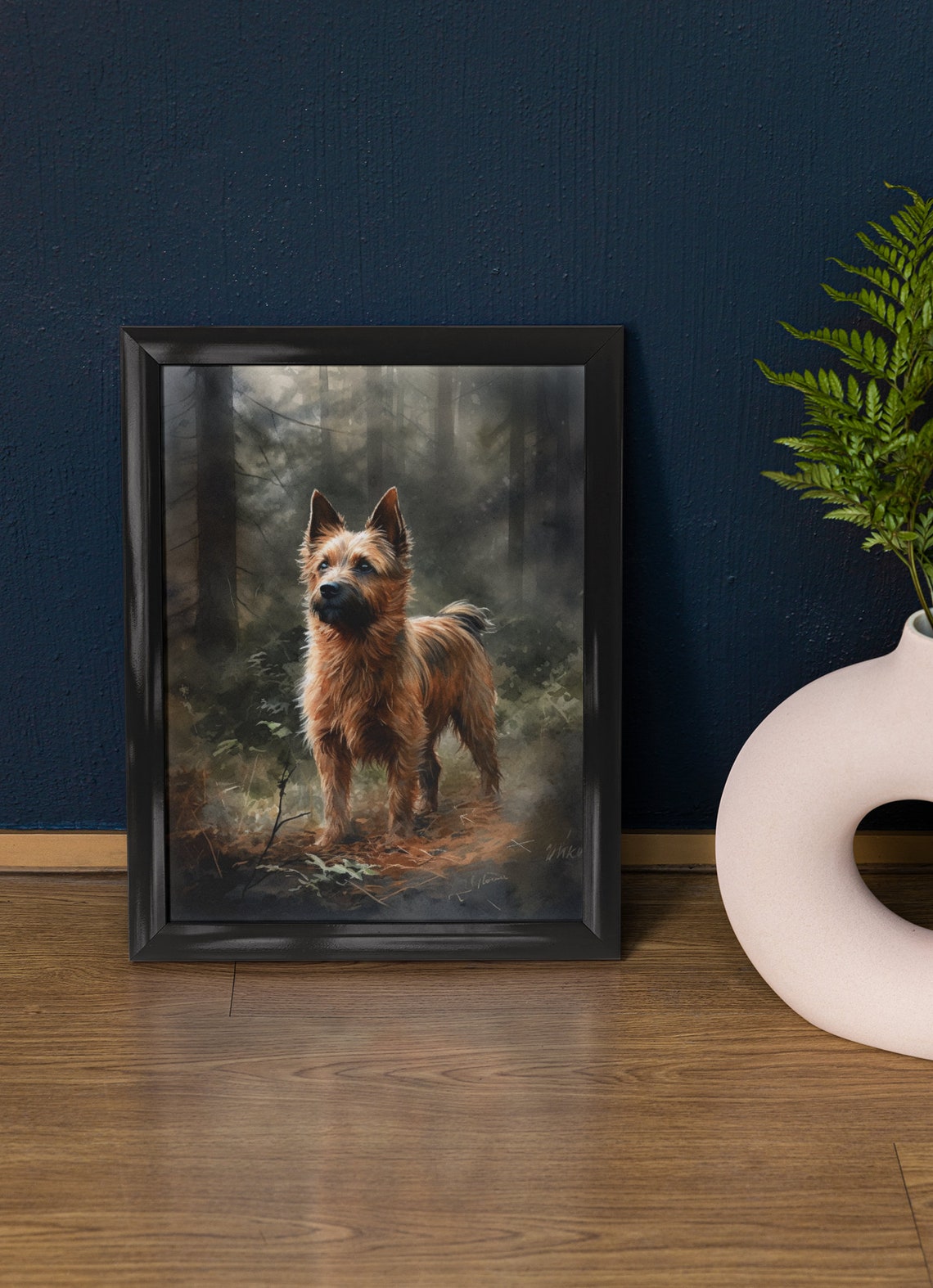 Australian Terrier Standing in Misty Woods Watercolor Dog Art Print