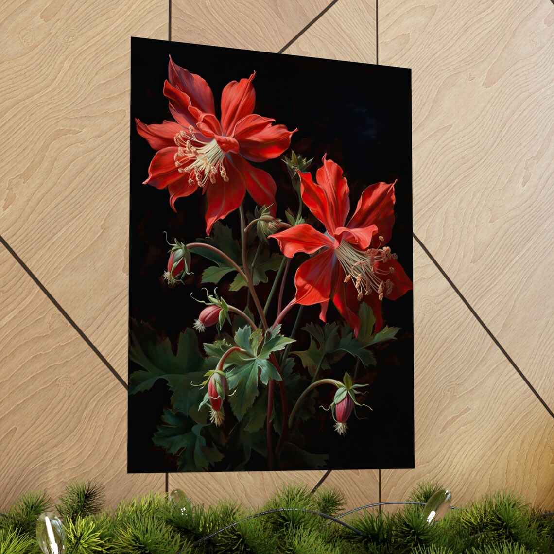 Red Columbine Flowers Moody Dark Botanical Oil Painting Art Print - Image 2