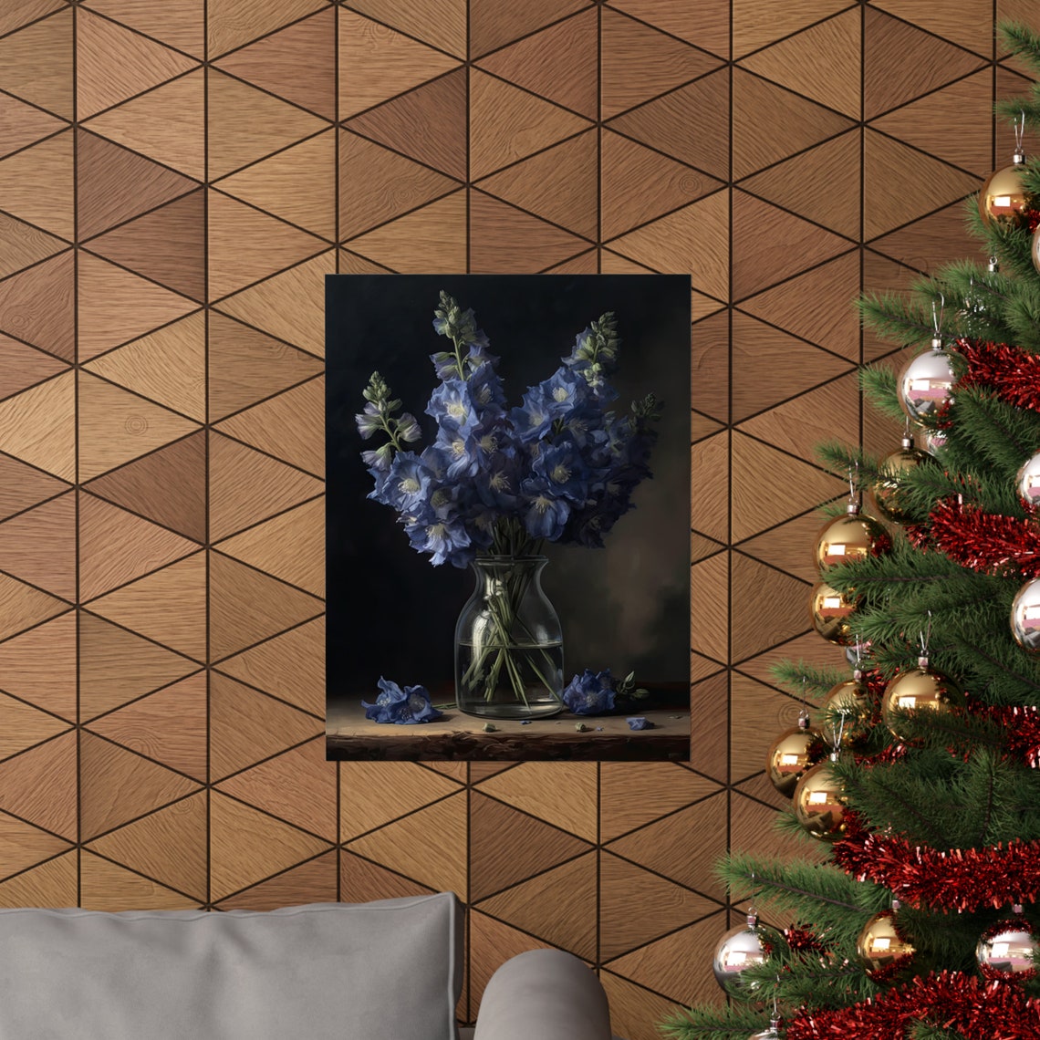 Blue Delphinium Tall Spikes Glass Vase Dark Still Life Poster - Image 3