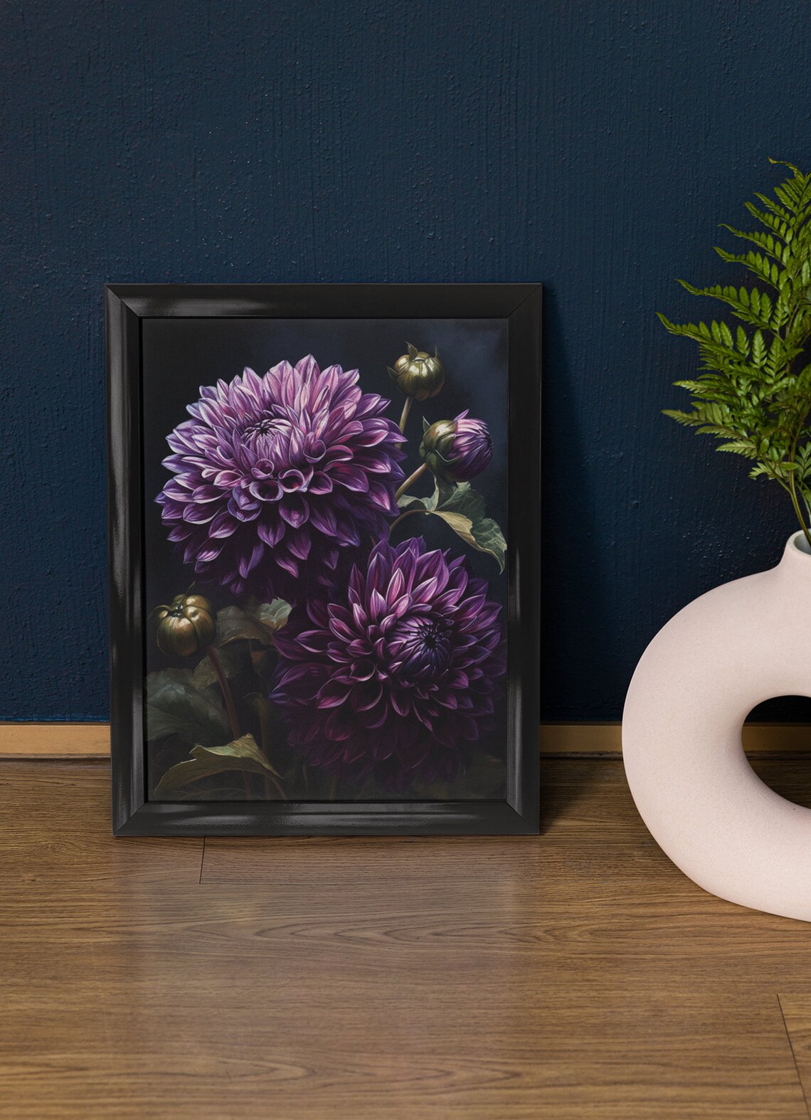 Deep Purple Dahlia Blooms Moody Dark Floral Botanical Art Print