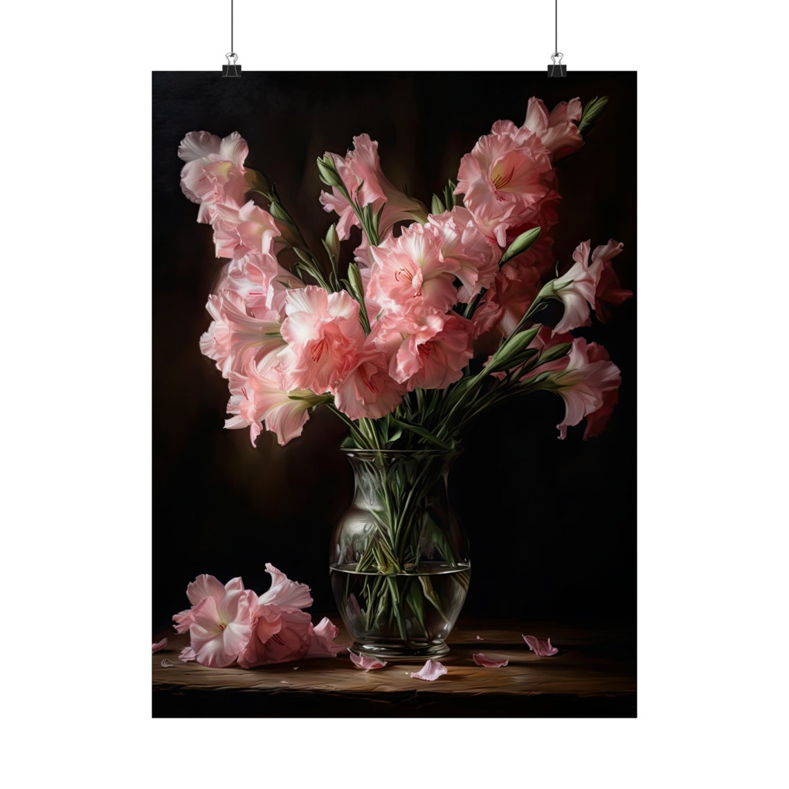 Blush Pink Gladiolus Glass Vase Dark Still Life Botanical Art Poster - Image 5