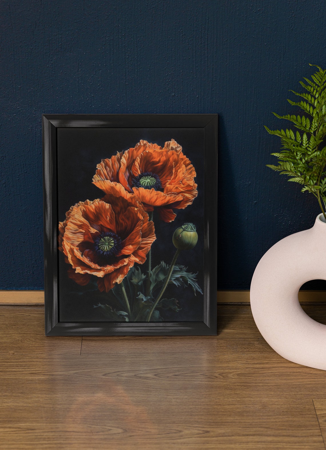 Oriental Poppy Flowers Vivid Orange Dark Dramatic Botanical Art Print