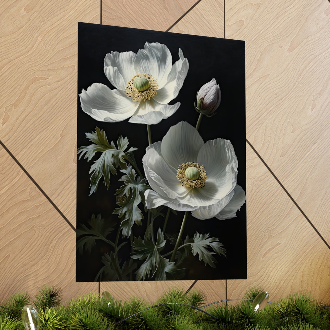 White Anemone Blooms Buds Dark Moody Botanical Floral Art Poster - Image 2