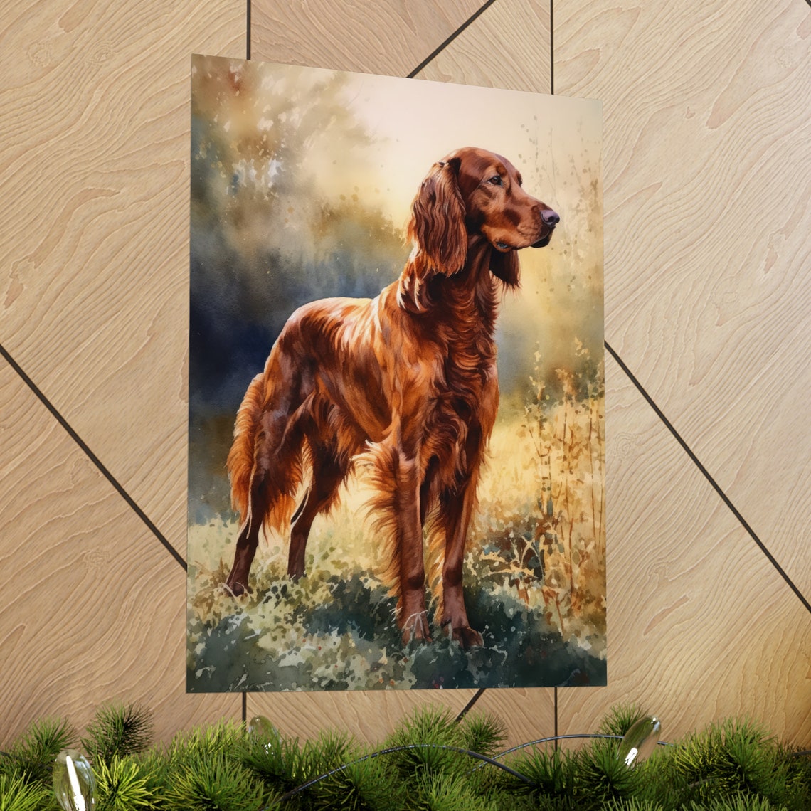 Irish Setter Dog Watercolor Field Portrait Standing Pose Animal Print - Image 2