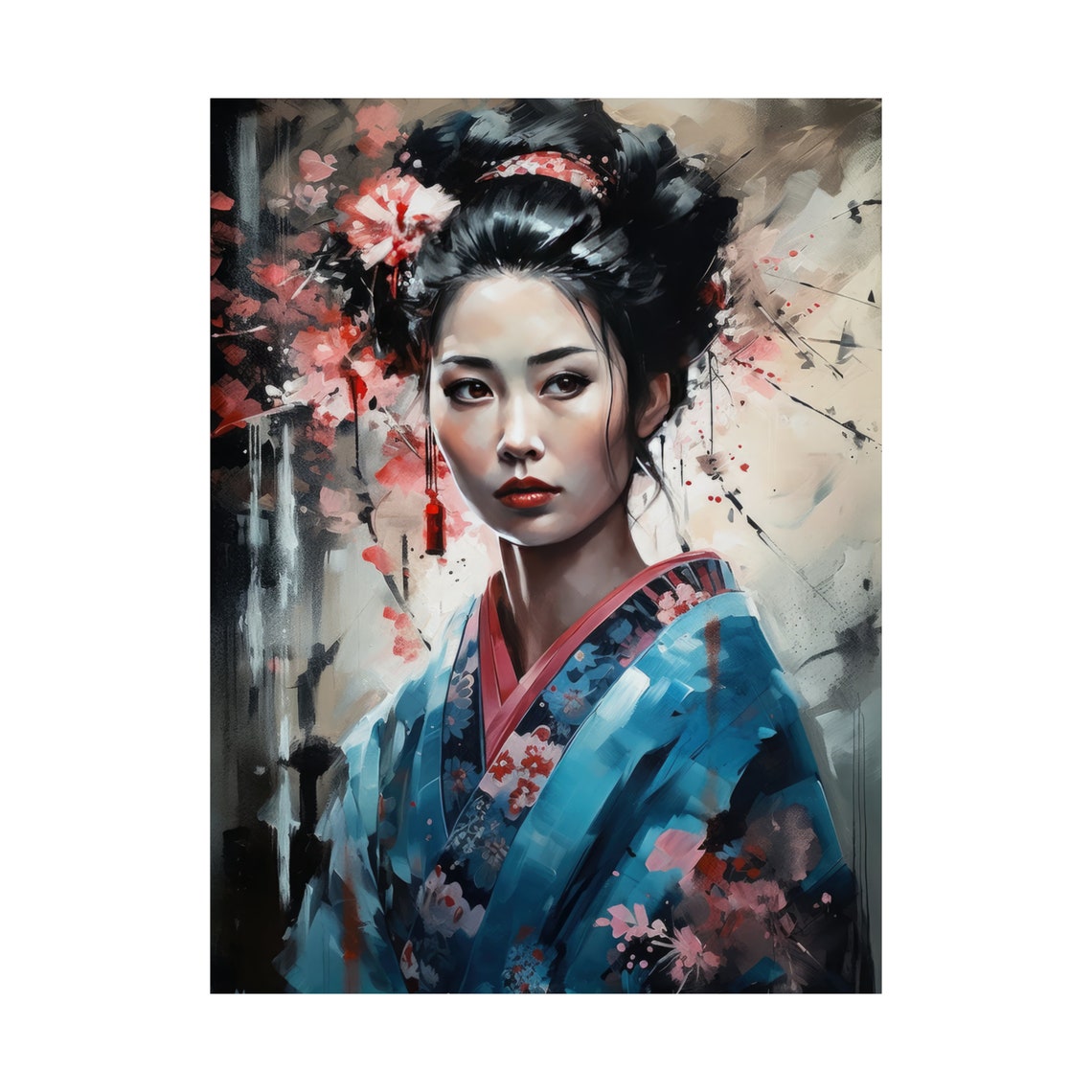 Geisha Blue Kimono Cherry Blossom Artistic Portrait Asian Art Poster - Image 4