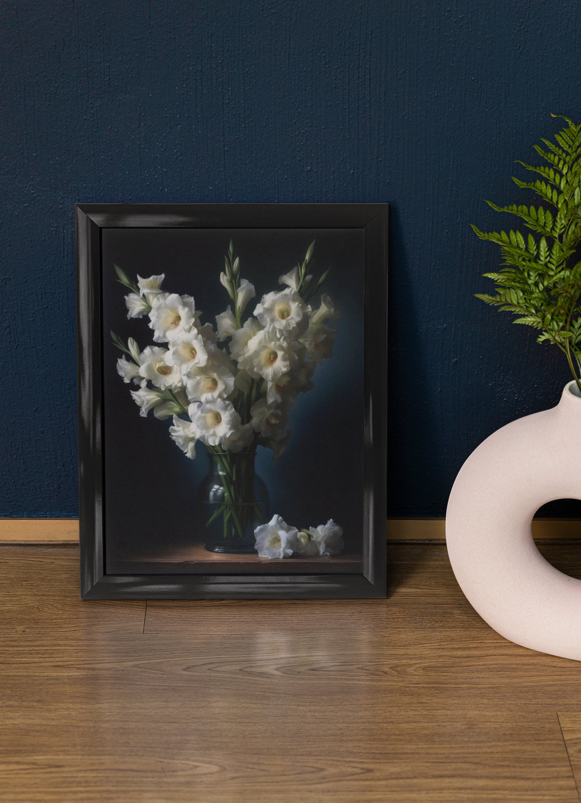 White Gladiola Blooms Glass Vase Dark Moody Still Life Art Poster