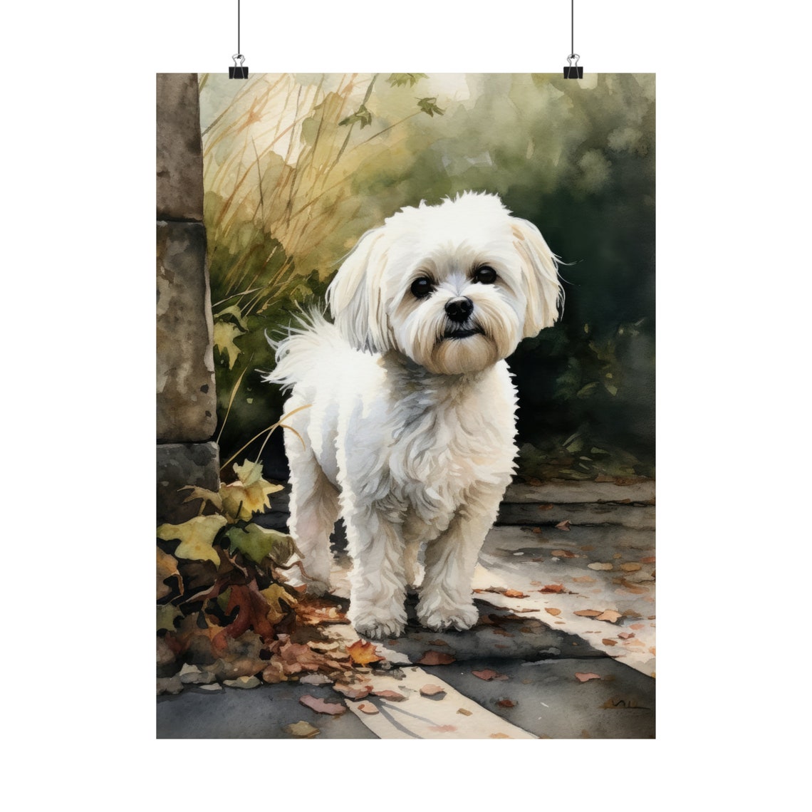 Maltese Dog White Fluffy Watercolor Portrait Garden Path Poster - Image 5