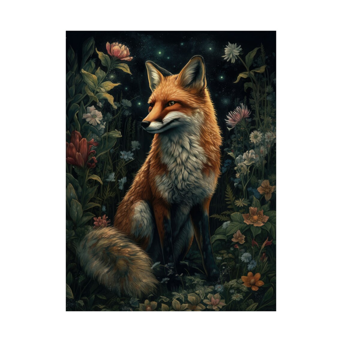 Red Fox Sitting In Profile Among Night Wildflowers With Fireflies Poster - Image 4