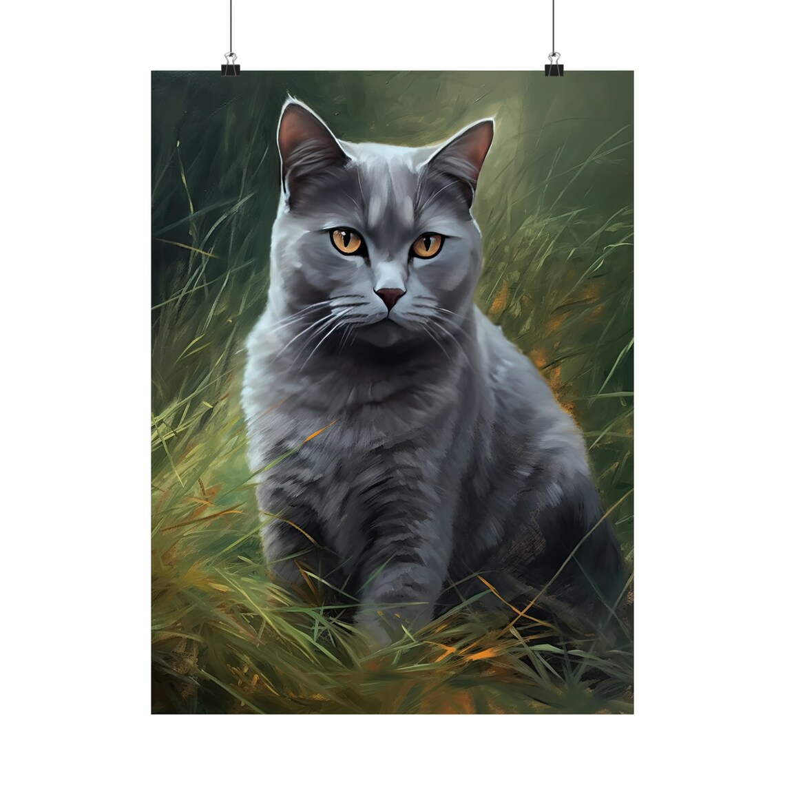 Chartreux Cat Blue Gray Shorthair Golden Eyes Portrait In Grass Art Print - Image 5