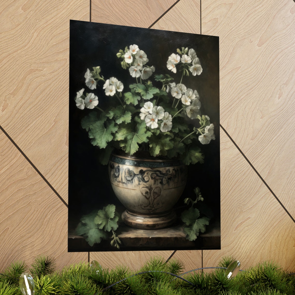 Ivory White Geranium Flowers Vintage Pot Dark Still Life Art Poster - Image 2