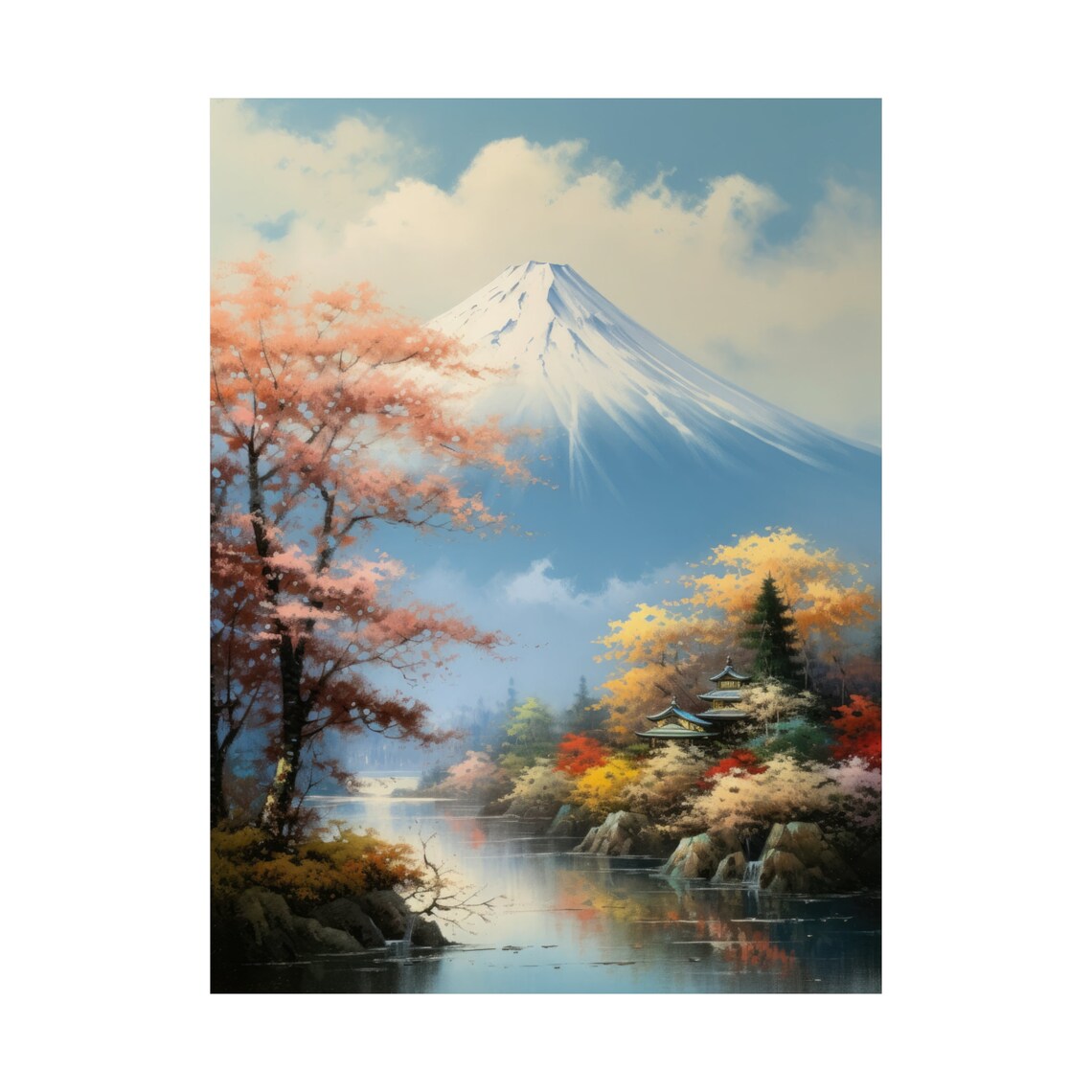 Mt Fuji Autumn Cherry Blossoms Lake Pagoda Colorful Travel Poster - Image 4