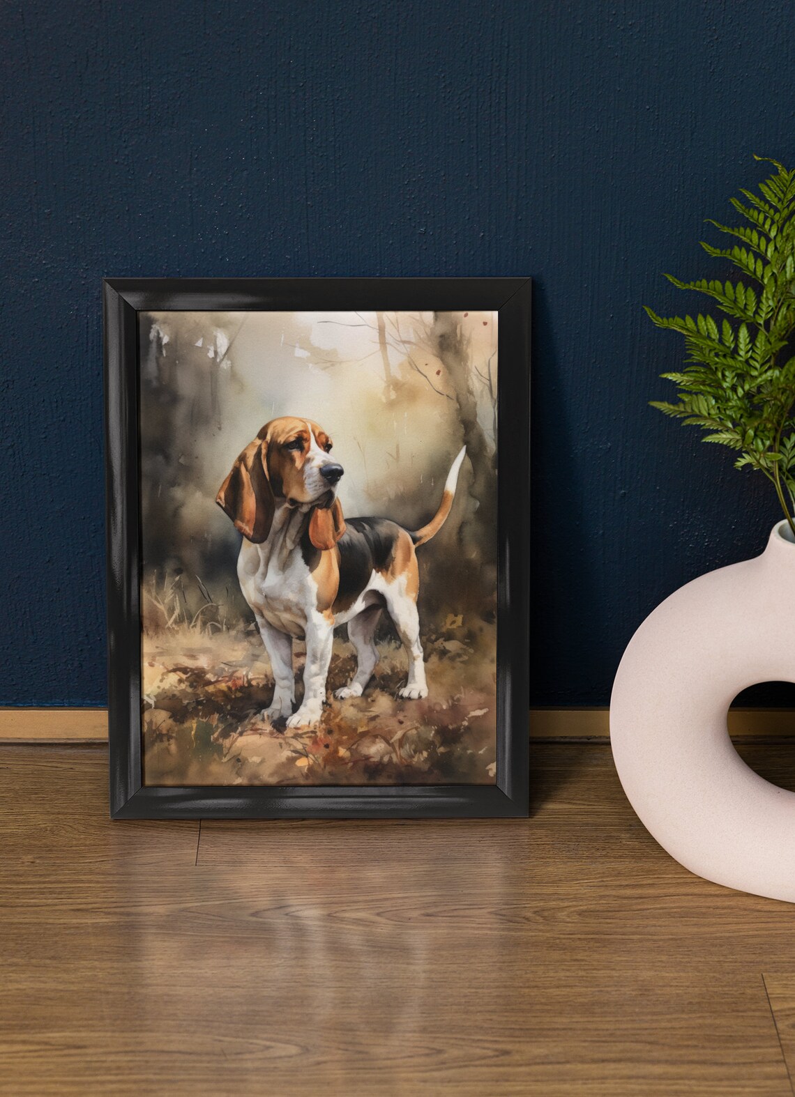 Basset Hound Dog Tricolor Watercolor Portrait Woodland Scene Poster