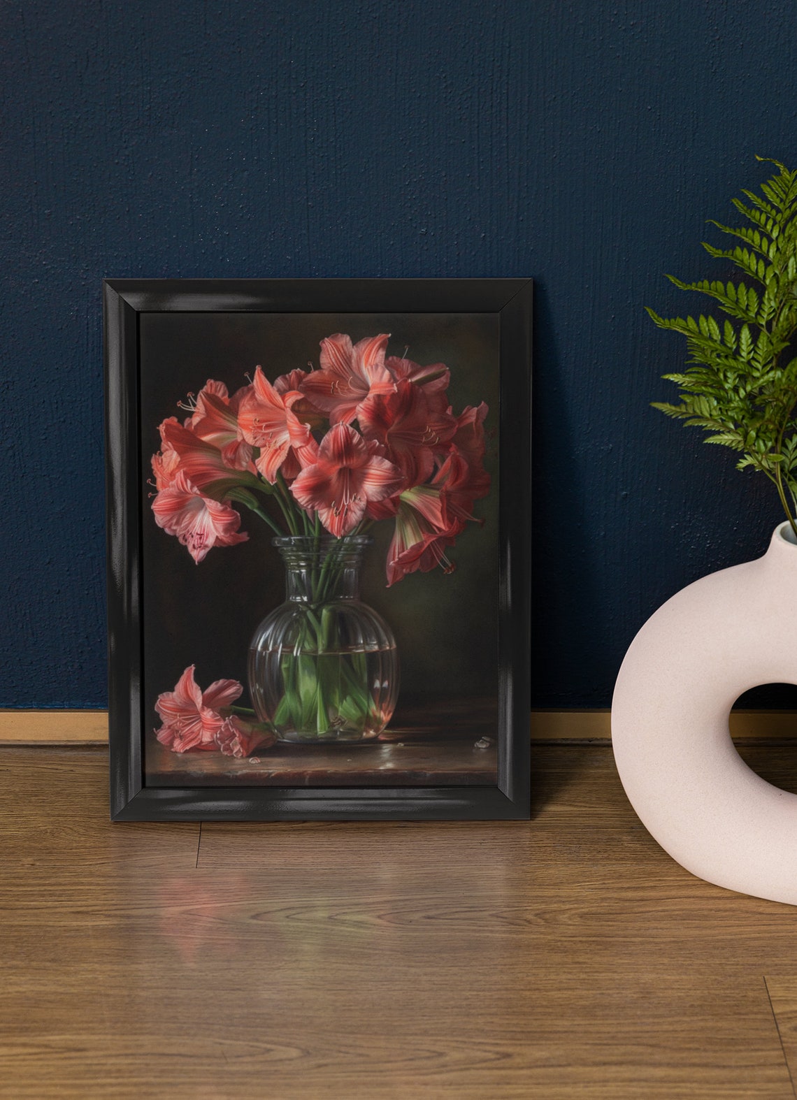 Pink Amaryllis Flowers Ribbed Glass Vase Dark Still Life Art Print