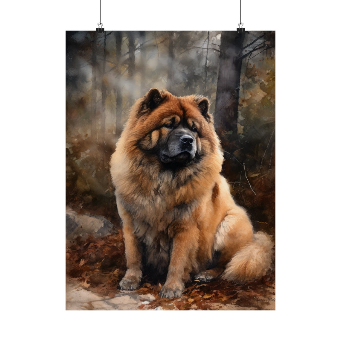 Chow Chow Fluffy Red Dog Autumn Forest Watercolor Portrait Poster - Image 5