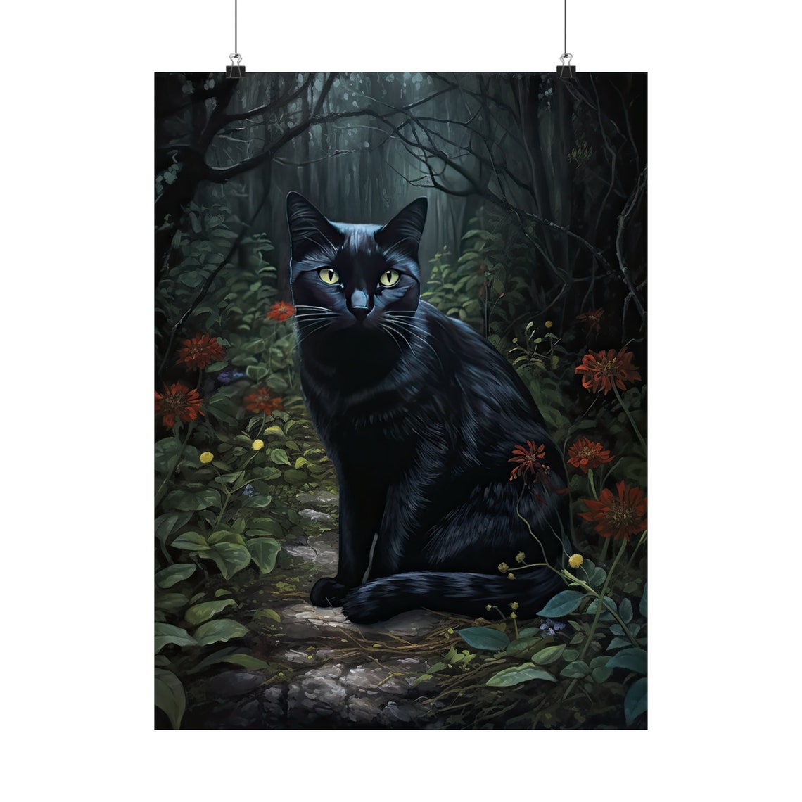 Black Cat With Green Eyes Sitting In Dark Forest Clearing Art Poster - Image 5