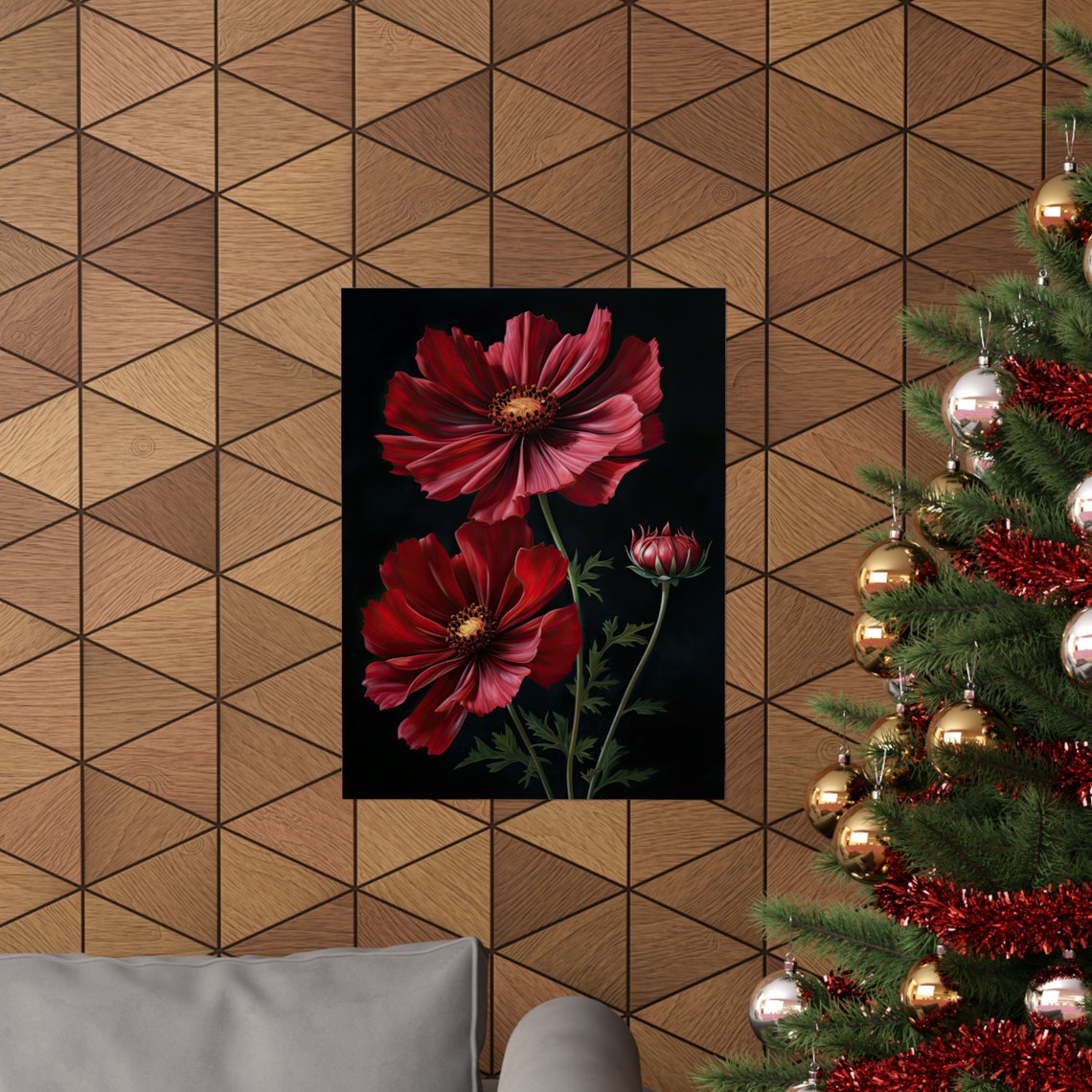 Red Cosmos Flowers Dark Background Moody Floral Fine Art Poster - Image 3