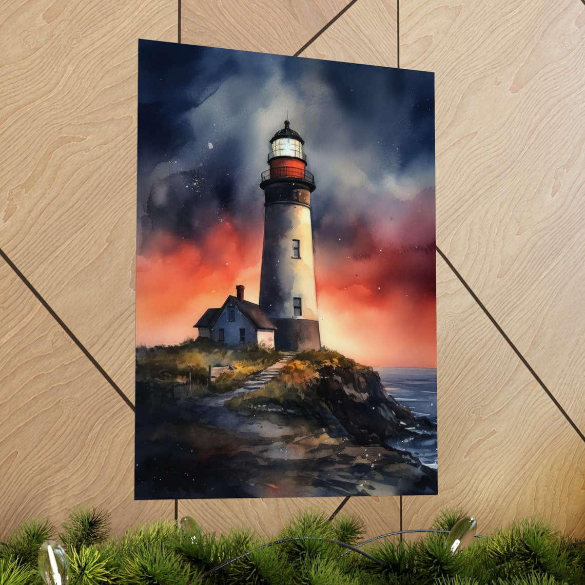 White Red Band Lighthouse Fiery Sunset Ocean Watercolor Poster - Image 2