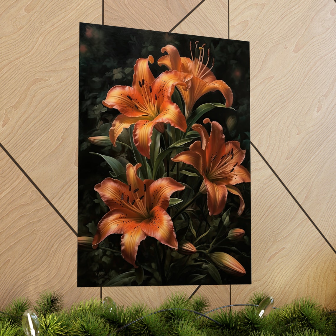 Orange Tiger Lilies Clustered Blooms Dark Floral Wall Art Print - Image 2