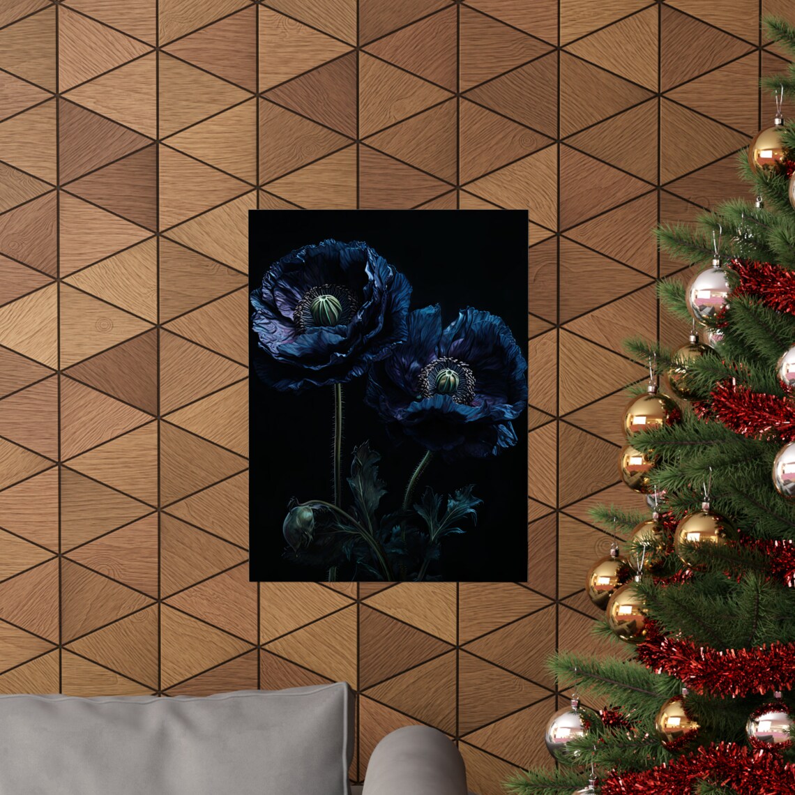 Blue Poppy Flowers Midnight Dark Botanical Oil Painting Art Print - Image 3