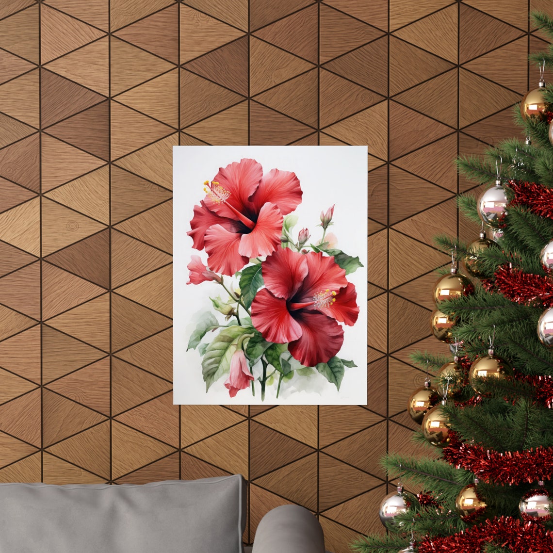 Red Hibiscus Flowers Watercolor Tropical Botanical Fine Art Poster - Image 3
