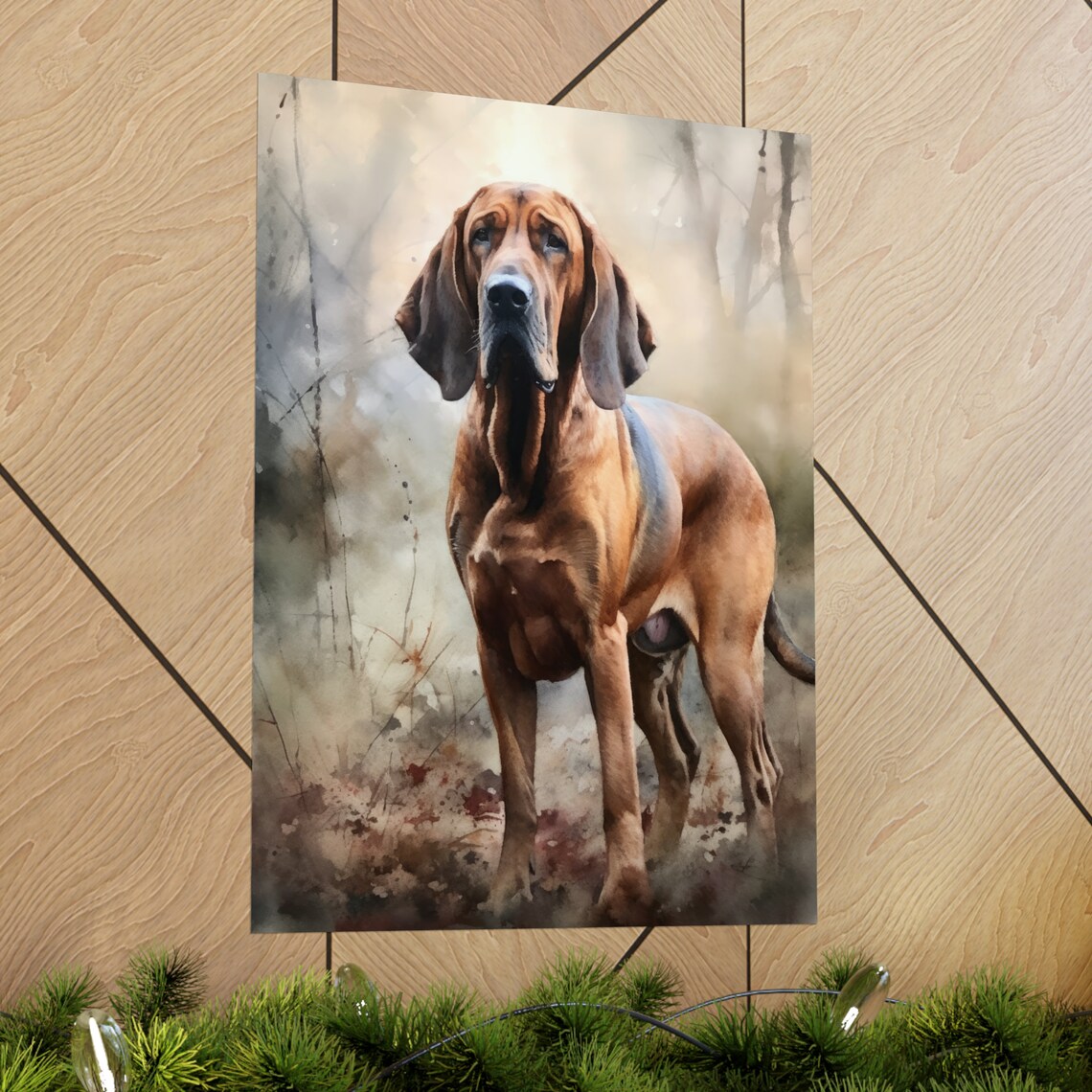 Bloodhound Standing In Misty Woods Noble Portrait Watercolor Dog Print - Image 2