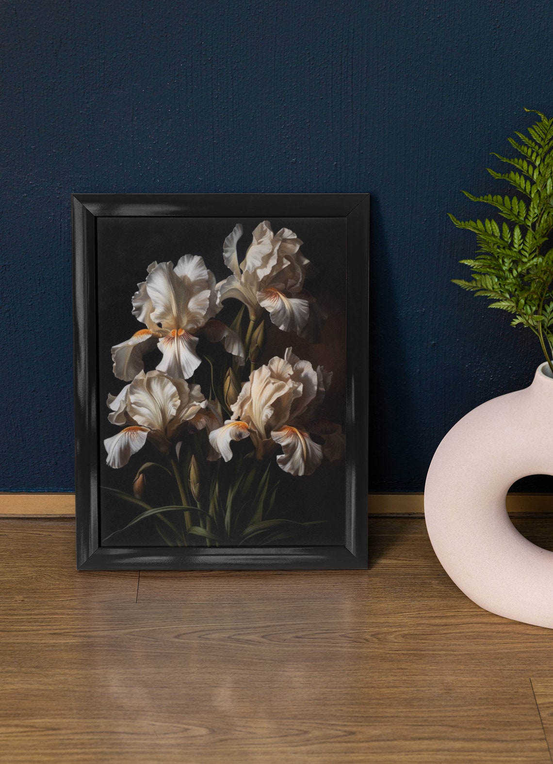 White Iris Blooms Golden Beards Dark Botanical Floral Art Print