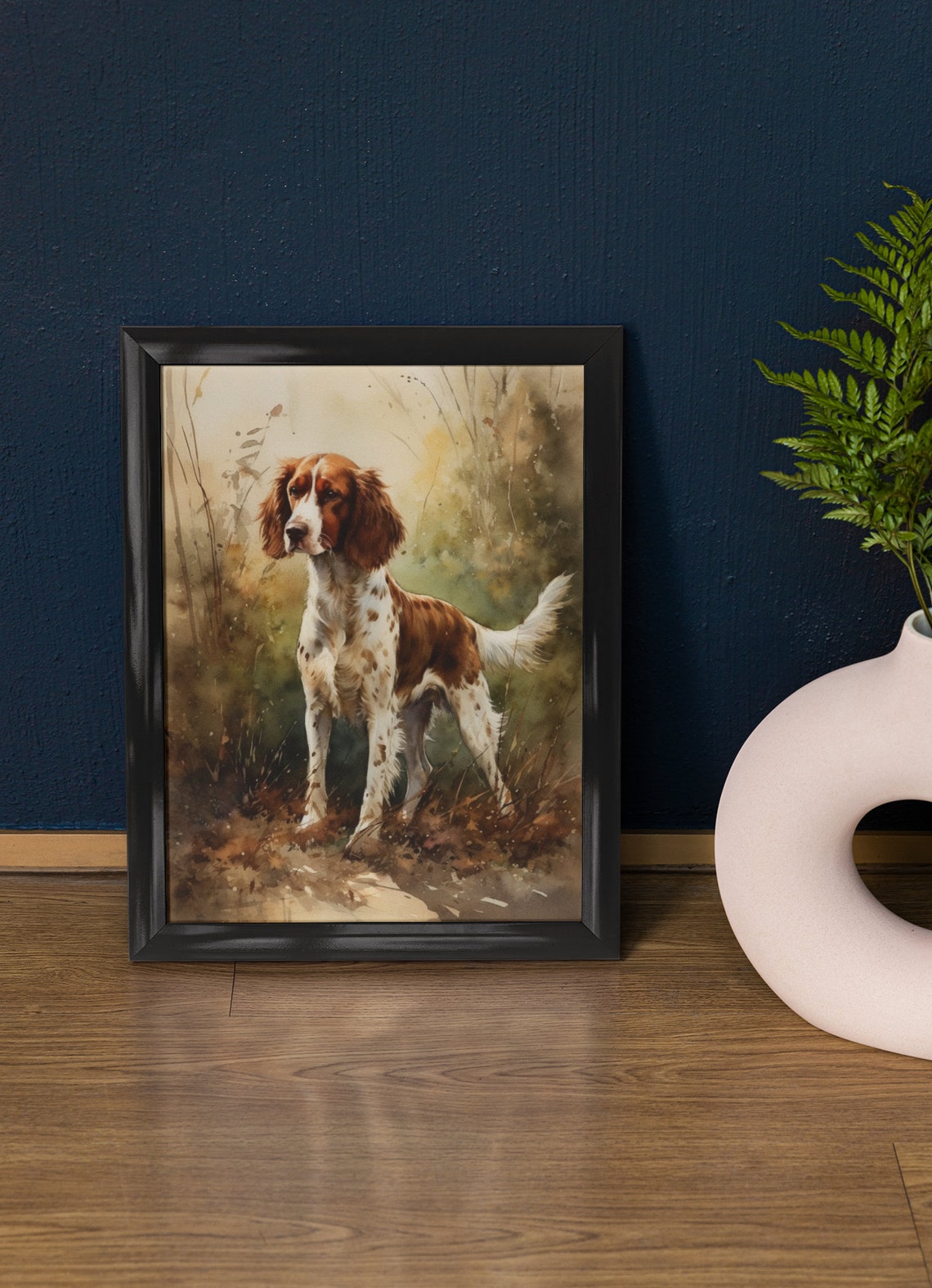 Welsh Springer Spaniel Standing in Meadow Watercolor Dog Art Print