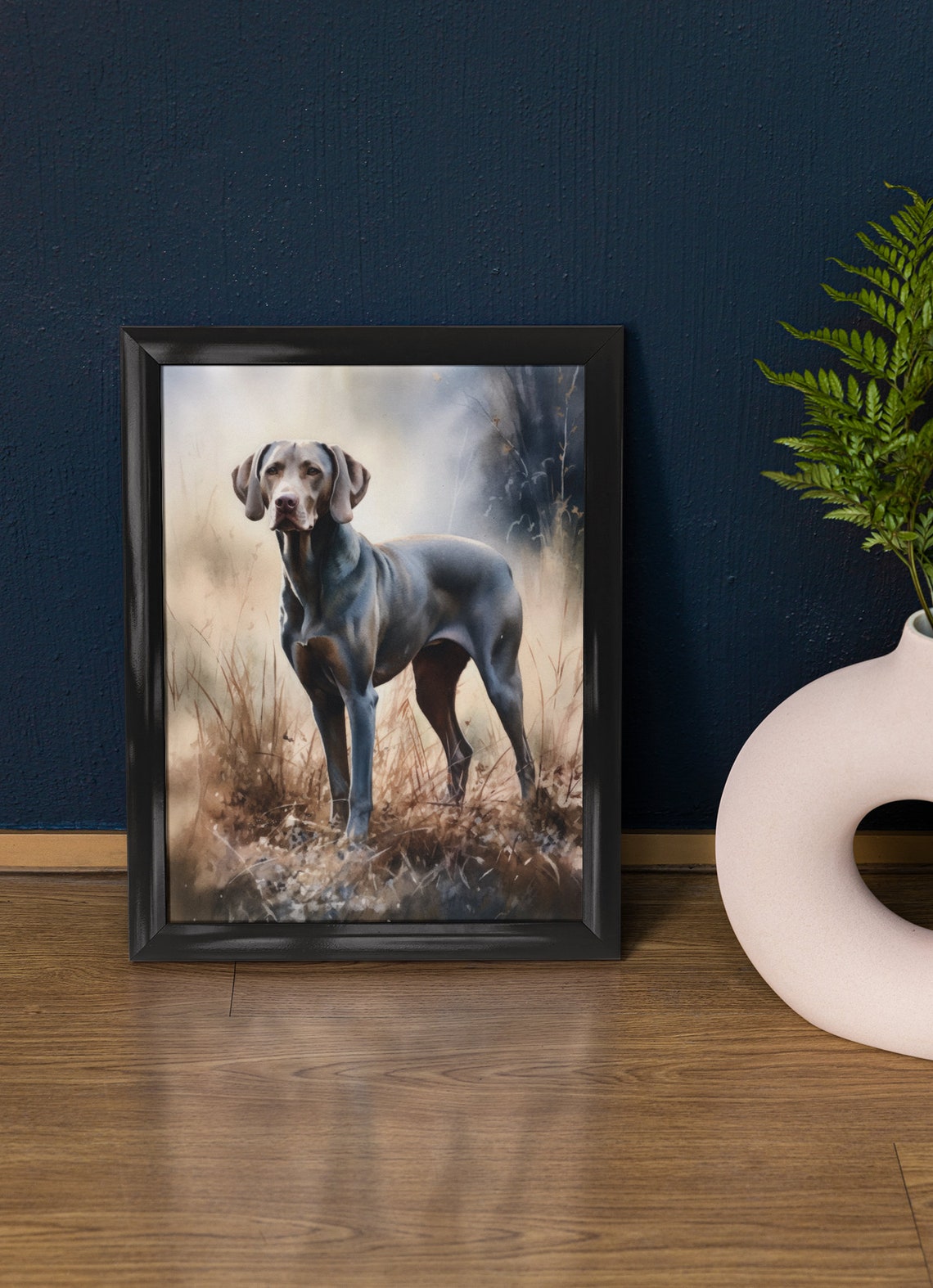 Weimaraner Standing in Tall Golden Grass Watercolor Dog Art Print