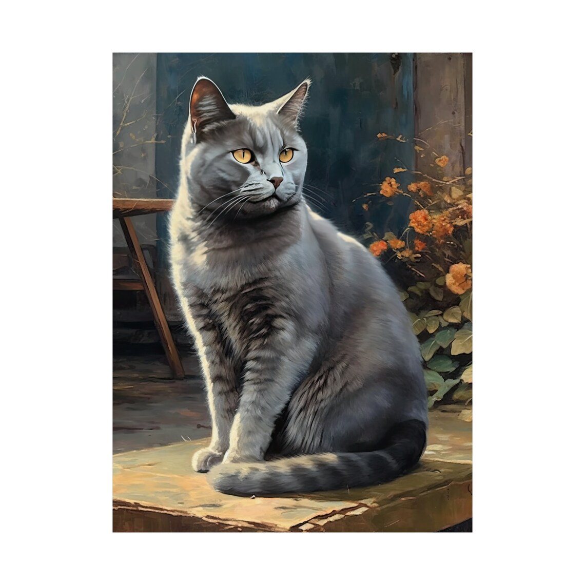 Chartreux Cat Blue Gray Coat With Amber Eyes Sitting On Ledge Art Print - Image 4