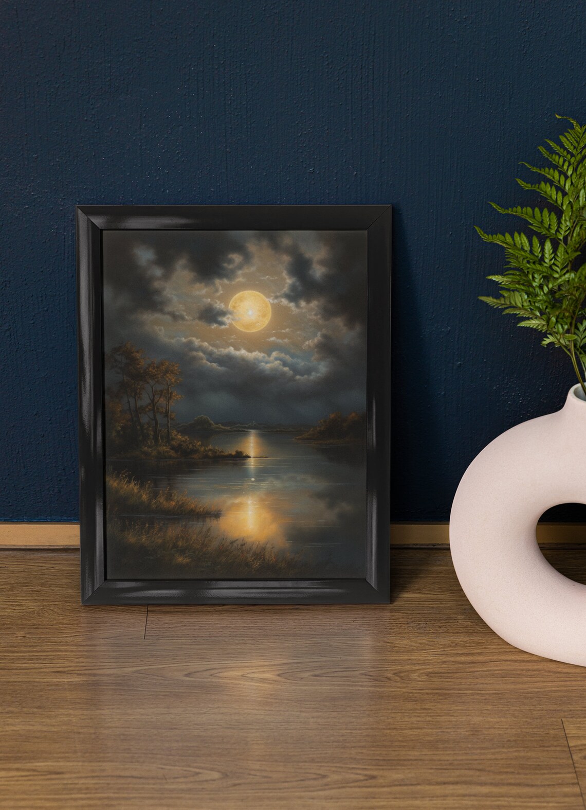 Golden Full Moon Over Calm Lake Night Reflection Moody Wall Art Print