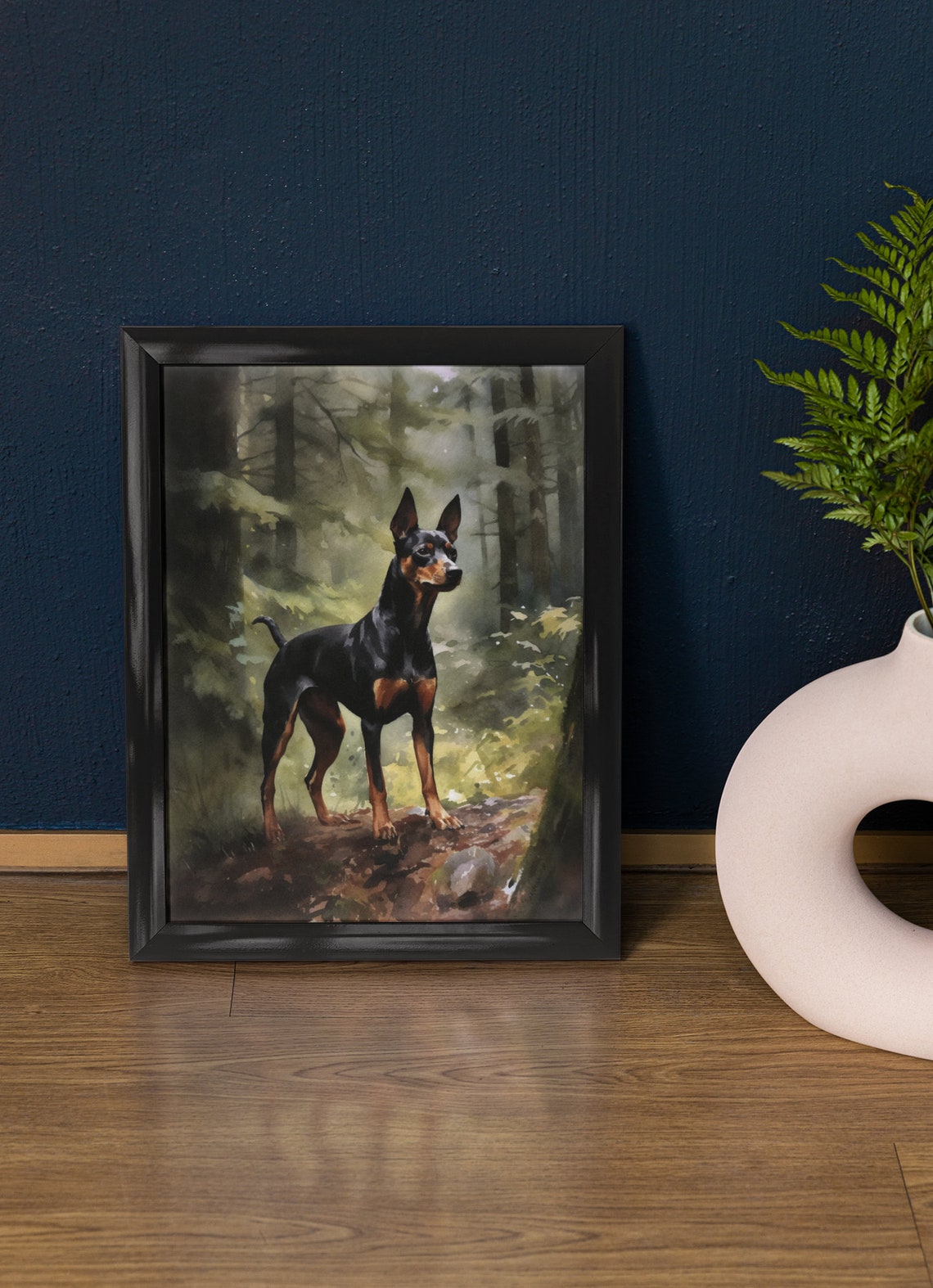 Manchester Terrier Standing in Green Forest Watercolor Dog Art Print