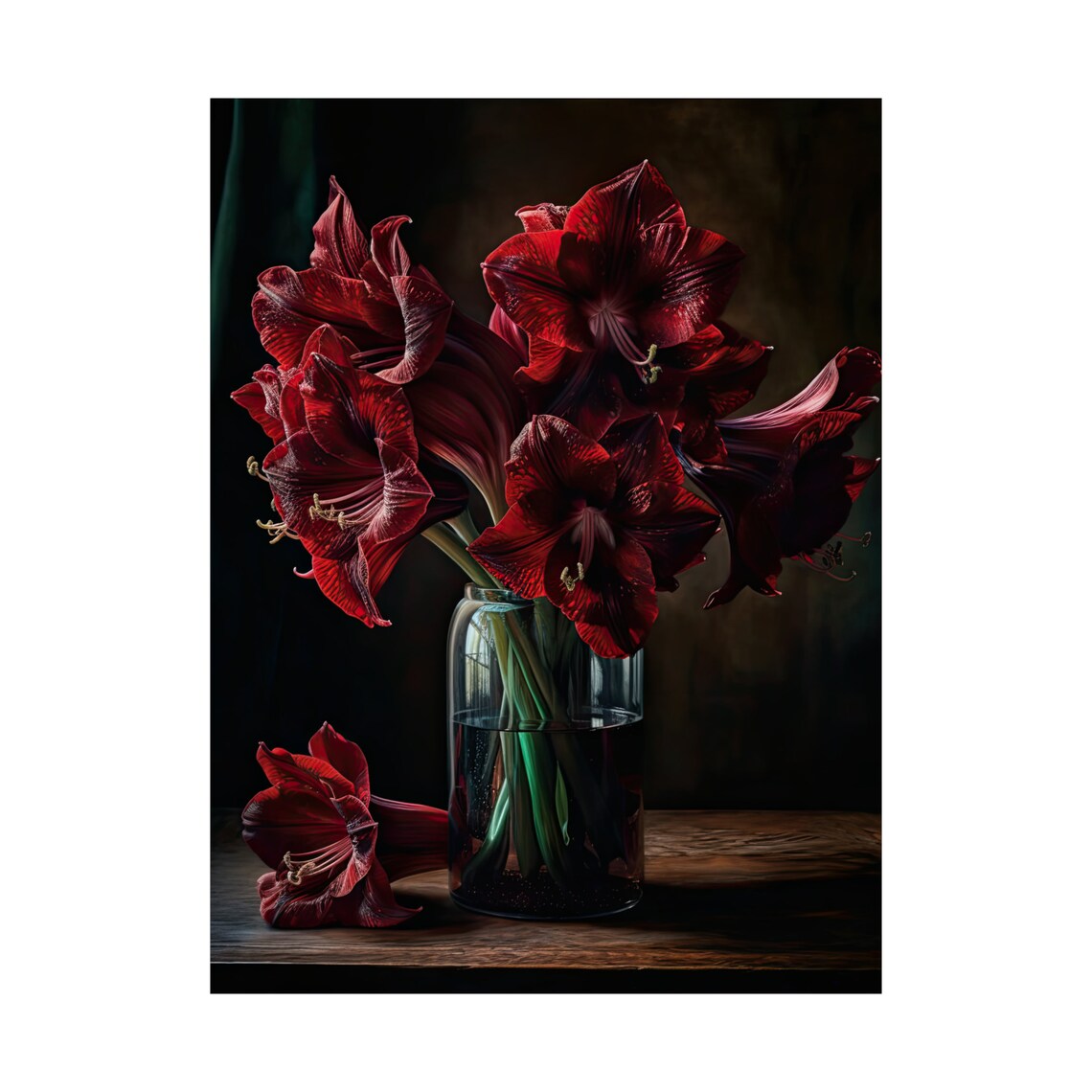 Burgundy Amaryllis Dark Still Life Flowers Glass Vase Art Print - Image 4