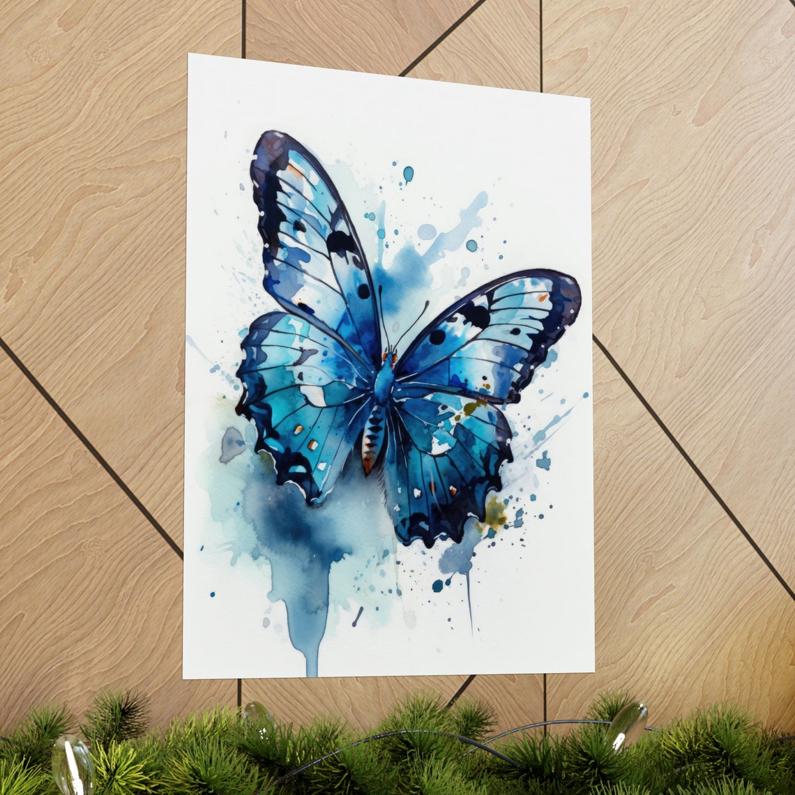 Azure Blue Butterfly Wings Watercolor Splash Vivid Insect Art Print - Image 2