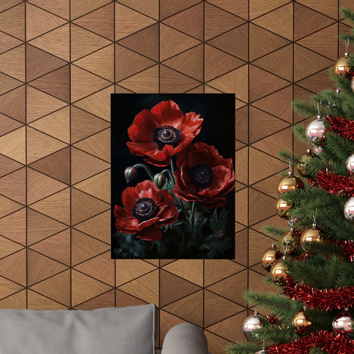 Red Anemone Blooms Black Background Moody Floral Still Life Art Poster - Image 3