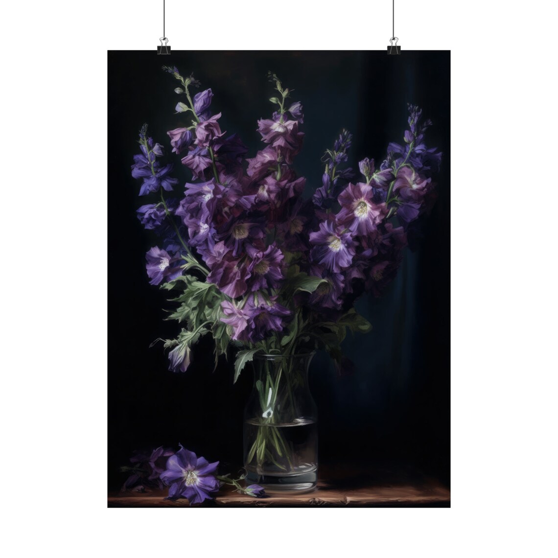 Purple Delphinium Flowers Glass Vase Dark Still Life Fine Art Poster - Image 5