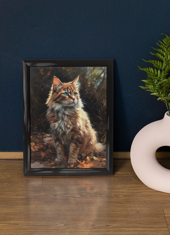 Longhaired Brown Tabby Cat Green Eyes Autumn Leaves Portrait Poster