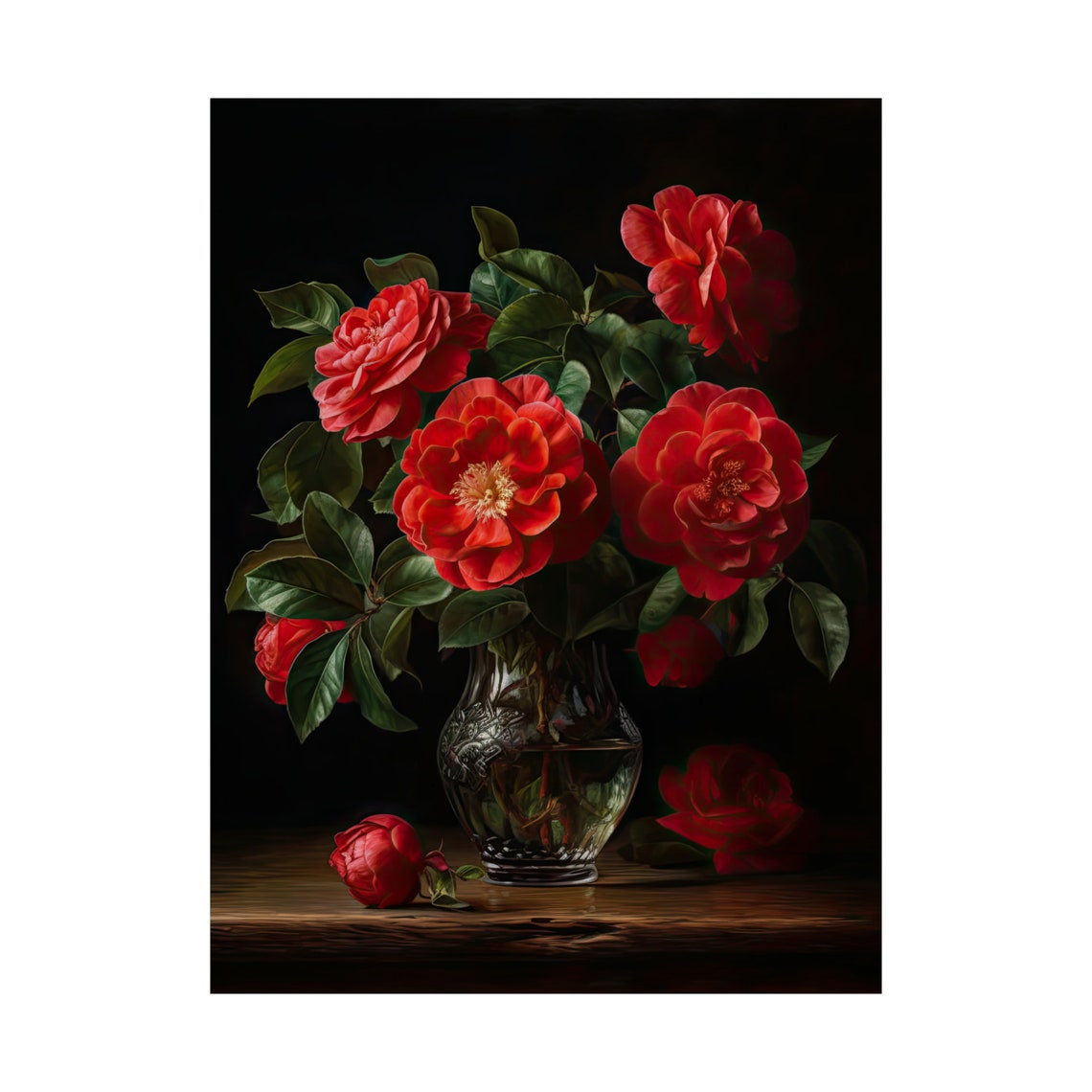 Red Camellia Blooms Dark Still Life Botanical Fine Art Poster - Image 4