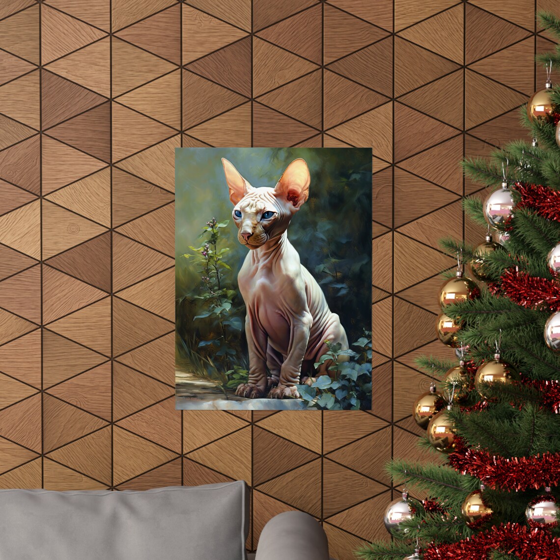 Sphynx Cat Portrait Sunlit Garden Green Eyes Hairless Cat Painting Print - Image 3