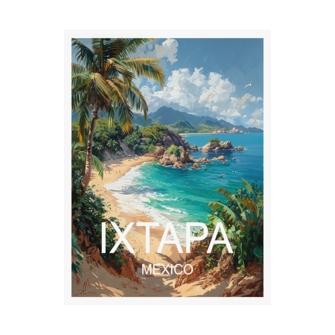 Ixtapa Mexico Tropical Beach Palm Trees Blue Ocean Travel Poster - Image 3