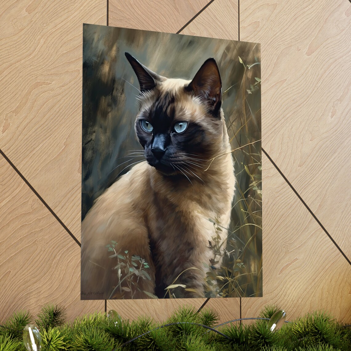 Seal Point Cat Blue Eyes Wild Grass Portrait Animal Art Poster - Image 2