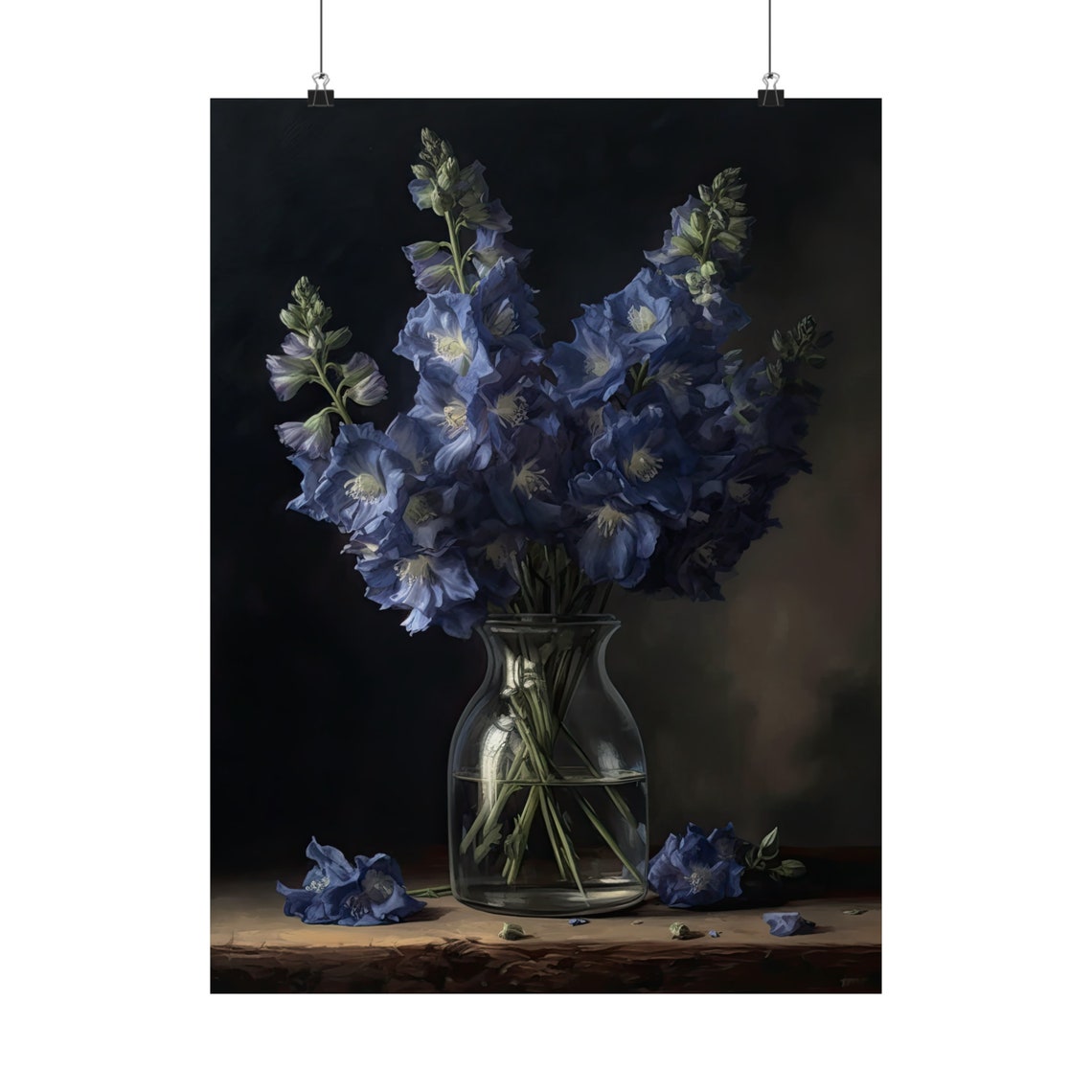 Blue Delphinium Tall Spikes Glass Vase Dark Still Life Poster - Image 5
