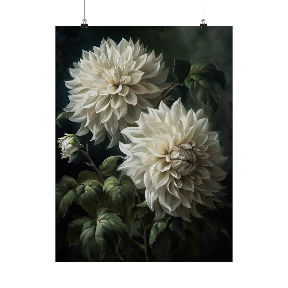 White Dahlias Dark Moody Botanical Oil Painting Floral Wall Art - Image 5