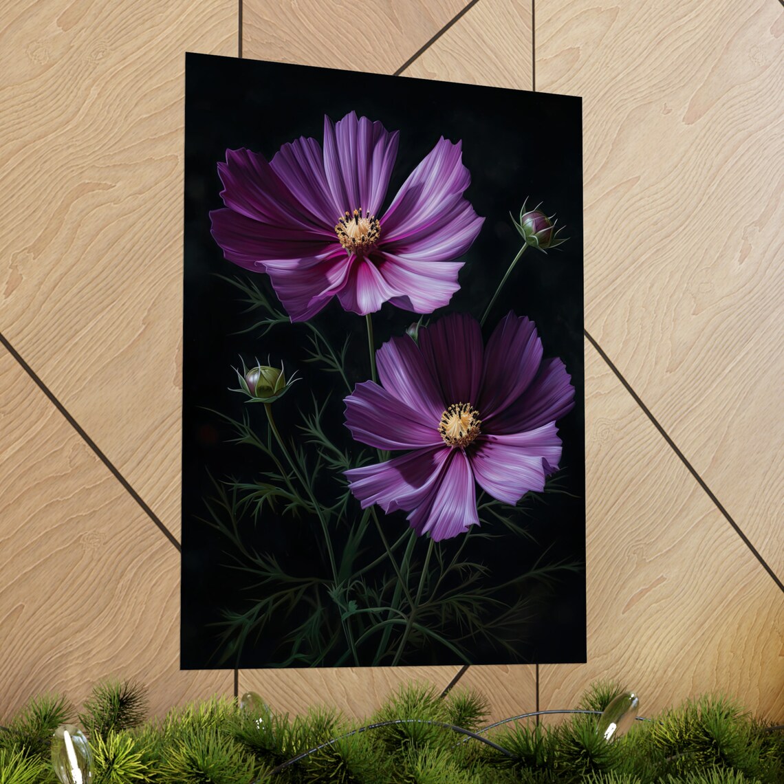 Purple Cosmos Flowers Dark Background Moody Floral Fine Art Poster - Image 2
