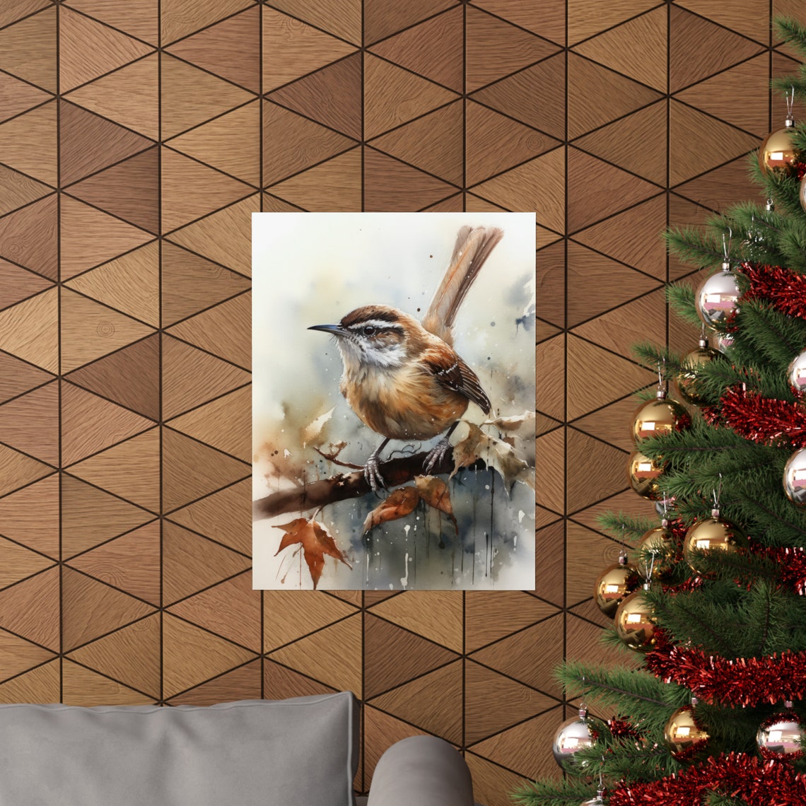 Carolina Wren Perched On Branch Watercolor Bird Art Wall Print - Image 3