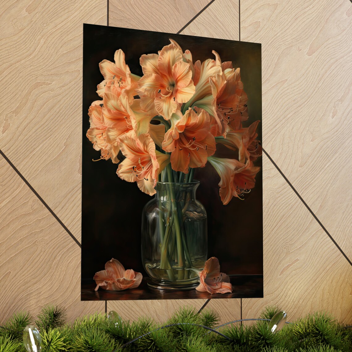 Apricot Amaryllis Blooms Dark Still Life Glass Vase Flower Art Print - Image 2