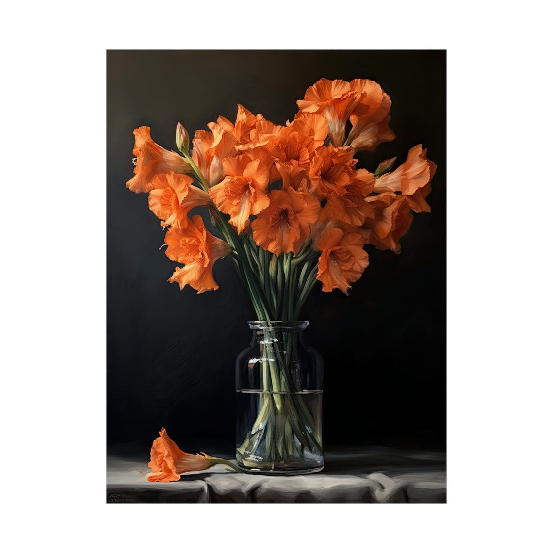 Orange Gladiolus Blooms Glass Vase Dark Moody Still Life Flower Poster - Image 4