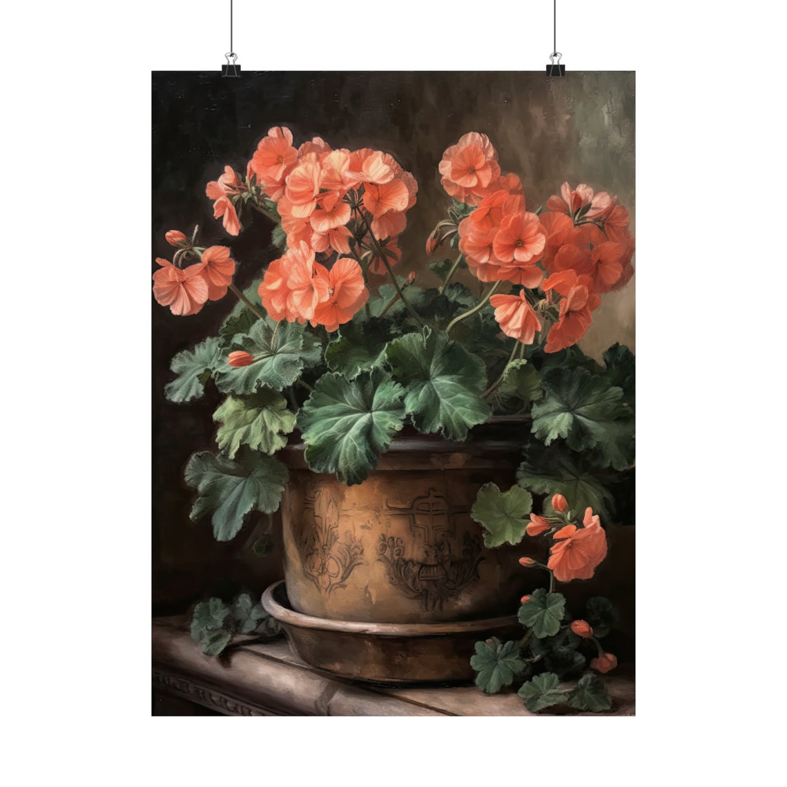 Coral Geranium Blooms Antique Copper Pot Dark Still Life Art Poster - Image 5
