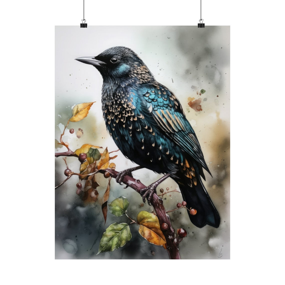 Common Starling Perched Branch Watercolor Autumn Bird Art Print - Image 4