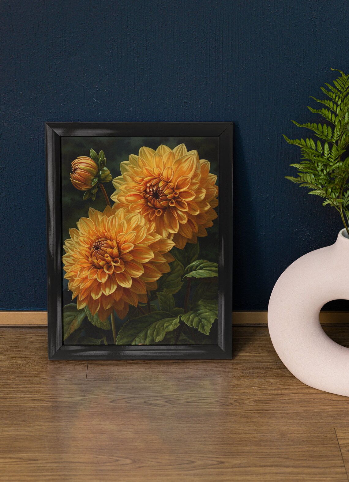 Honey Yellow Dahlia Blooms Dark Green Leaf Botanical Art Print