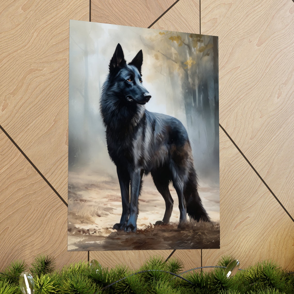 Belgian Sheepdog Black Dog Standing Misty Forest Portrait Poster - Image 2